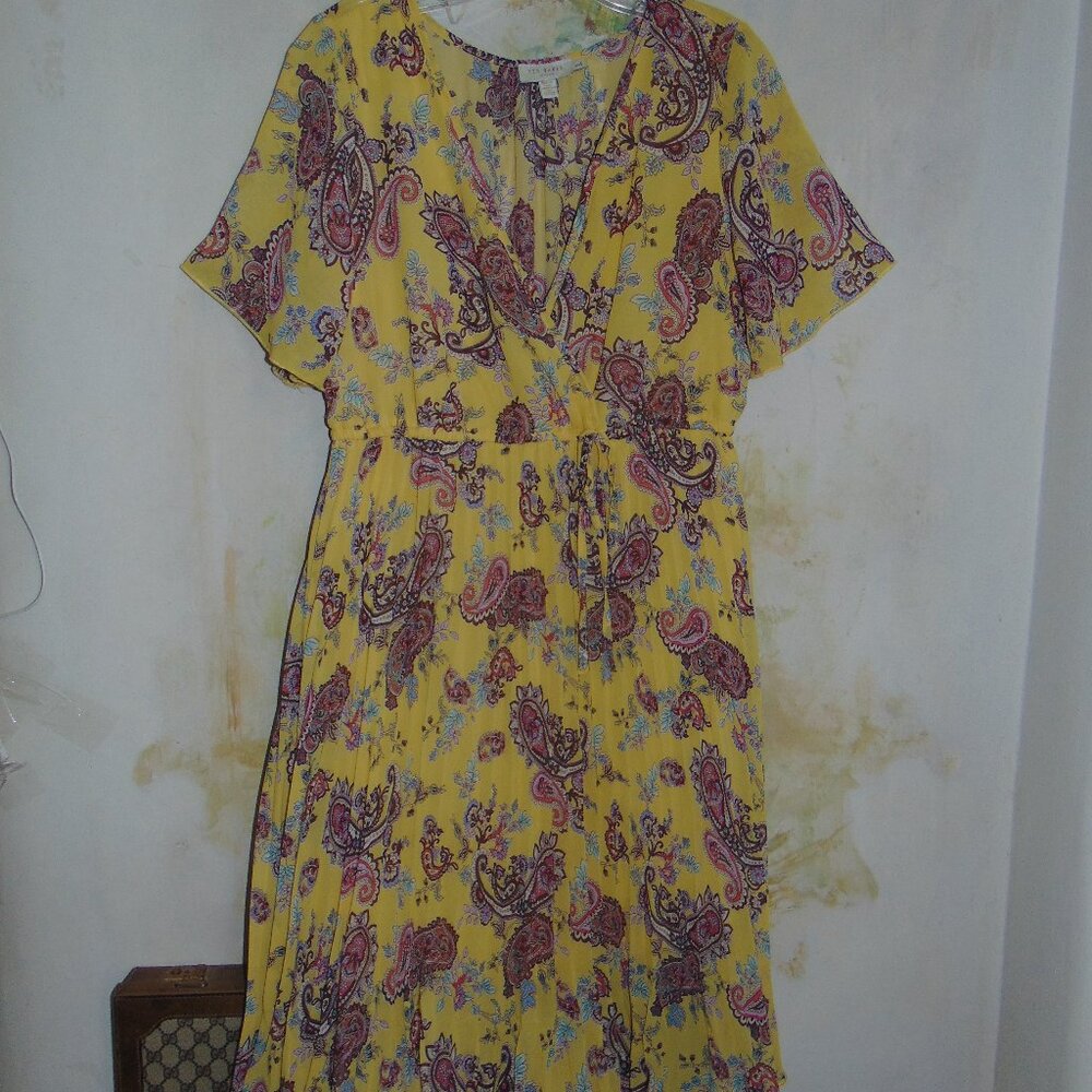 Ted Baker London Pleated Paisley Midi Dress Boho Yellow Surplice Womens 6